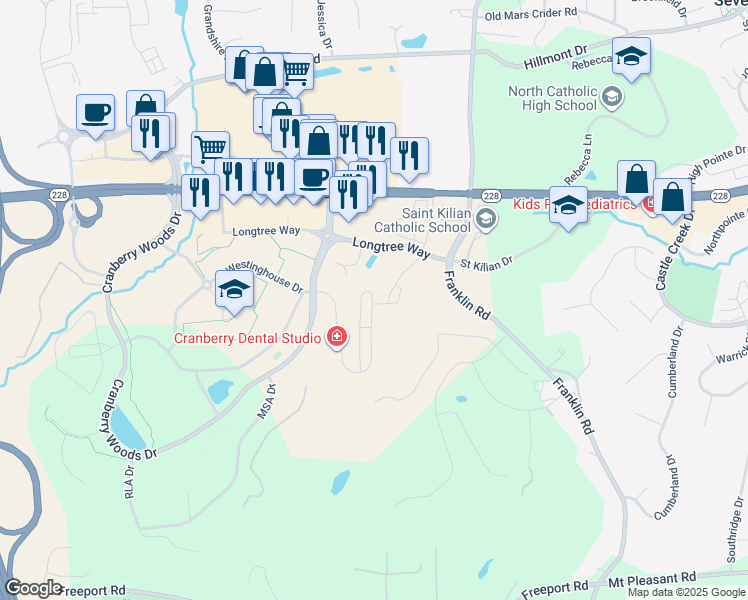 map of restaurants, bars, coffee shops, grocery stores, and more near 5001 Pendleton Way in Cranberry Township
