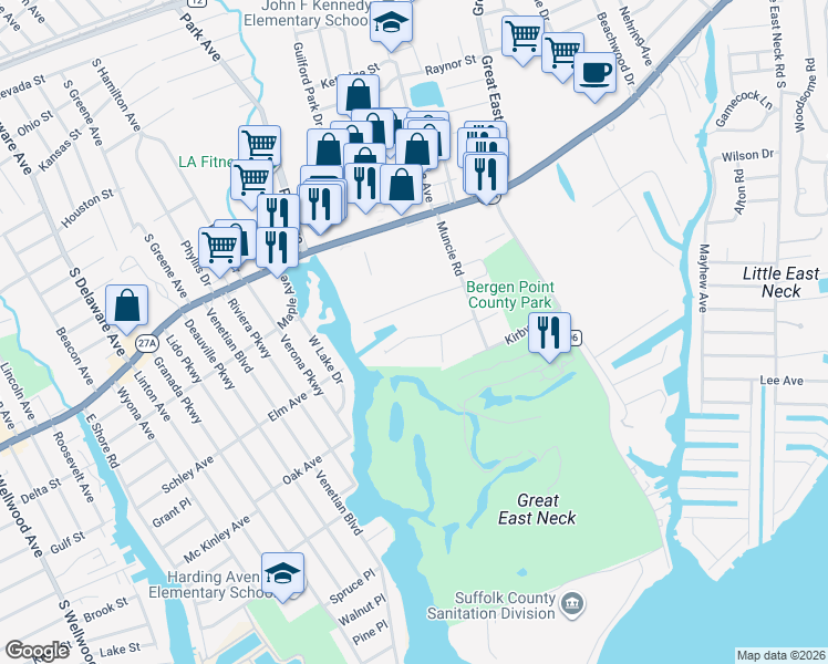 map of restaurants, bars, coffee shops, grocery stores, and more near 151 Milligan Road in West Babylon