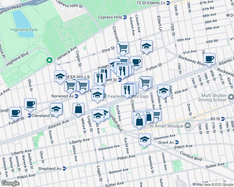 map of restaurants, bars, coffee shops, grocery stores, and more near 295 Euclid Avenue in Brooklyn
