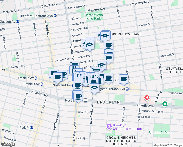 map of restaurants, bars, coffee shops, grocery stores, and more near 107 Macon Street in Brooklyn