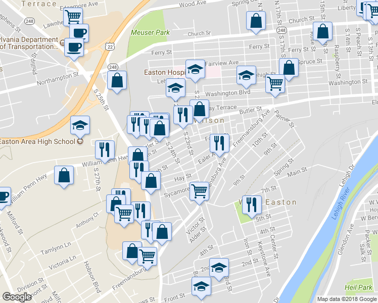 map of restaurants, bars, coffee shops, grocery stores, and more near 2301 Birch Street in Easton