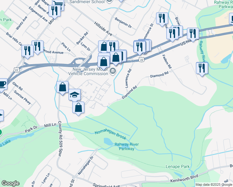 map of restaurants, bars, coffee shops, grocery stores, and more near 50 Lawrence Road in Springfield