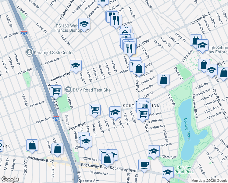map of restaurants, bars, coffee shops, grocery stores, and more near 145-41 116th Avenue in Queens