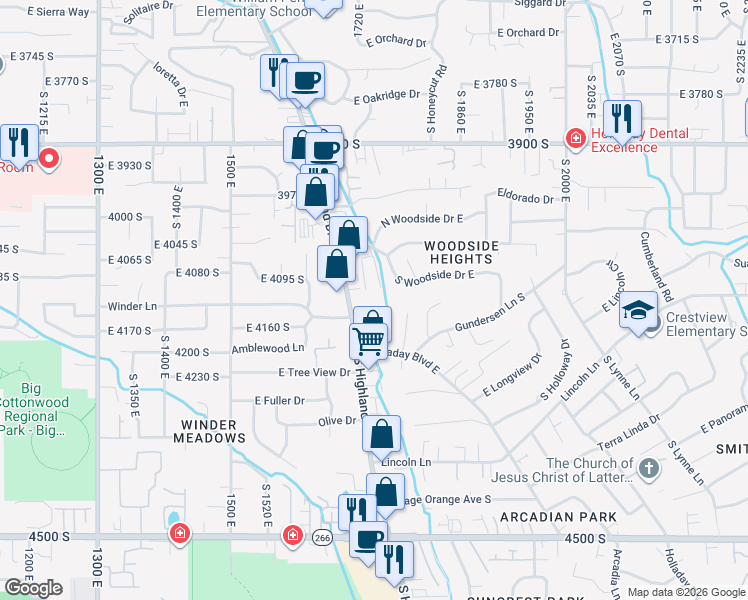 map of restaurants, bars, coffee shops, grocery stores, and more near 4113 South Highland Drive in Holladay