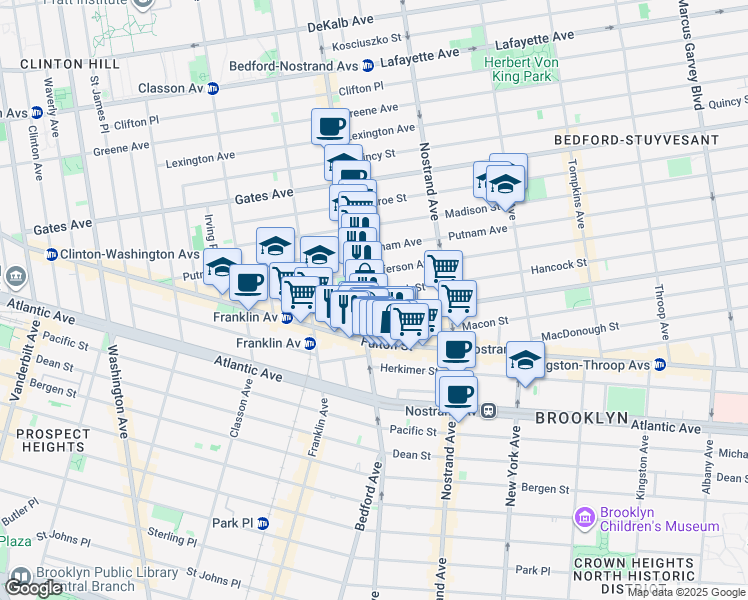 map of restaurants, bars, coffee shops, grocery stores, and more near 1225 Fulton Street in Brooklyn