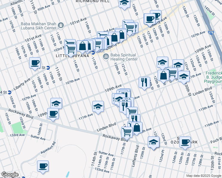 map of restaurants, bars, coffee shops, grocery stores, and more near 10388 118th Street in Queens