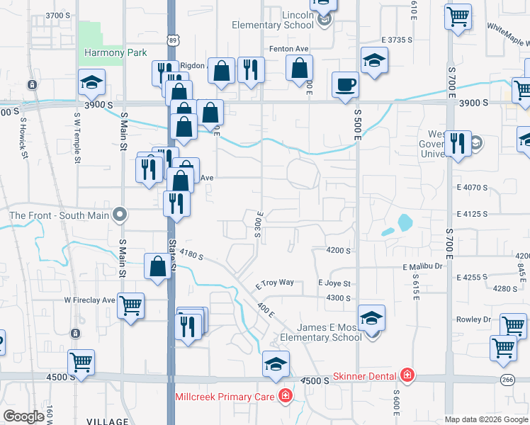 map of restaurants, bars, coffee shops, grocery stores, and more near 362 East Stonehedge Drive in Salt Lake City