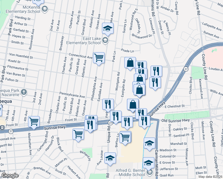 map of restaurants, bars, coffee shops, grocery stores, and more near 21 Westgate Road in Massapequa Park