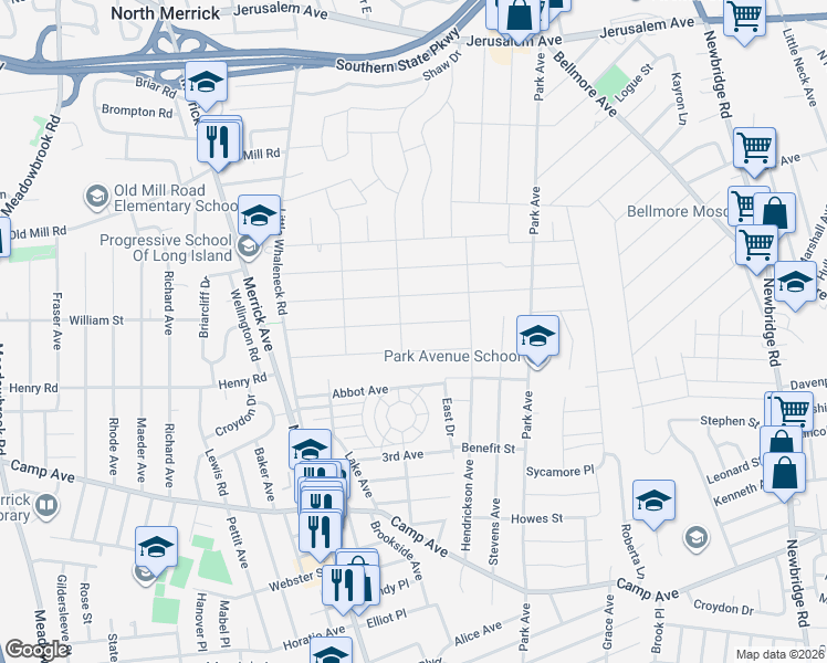 map of restaurants, bars, coffee shops, grocery stores, and more near 2115 Decker Avenue in Merrick