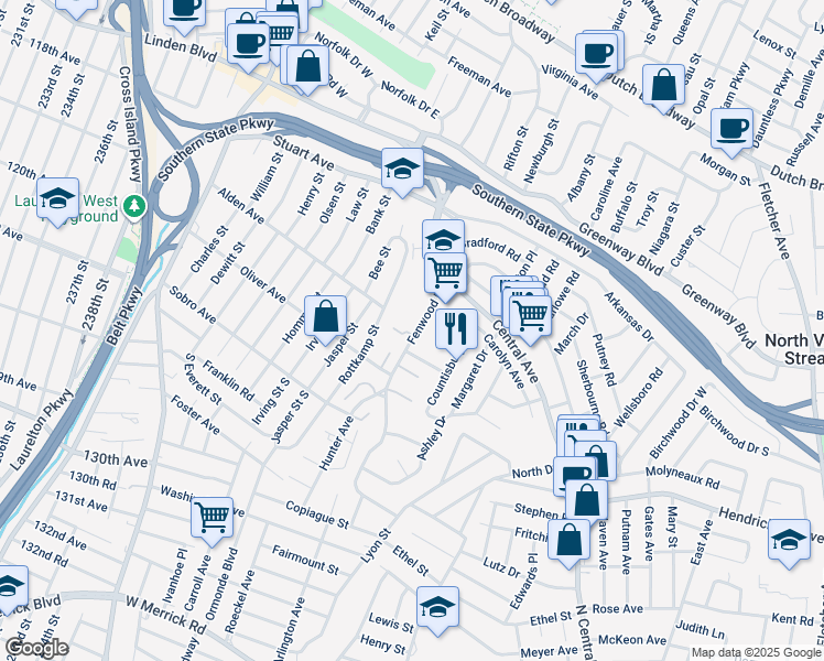 map of restaurants, bars, coffee shops, grocery stores, and more near 985 Fenwood Drive in Valley Stream