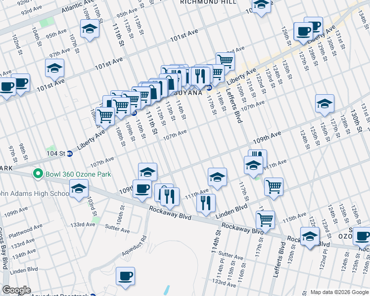 map of restaurants, bars, coffee shops, grocery stores, and more near 107-58 114th Street in Queens