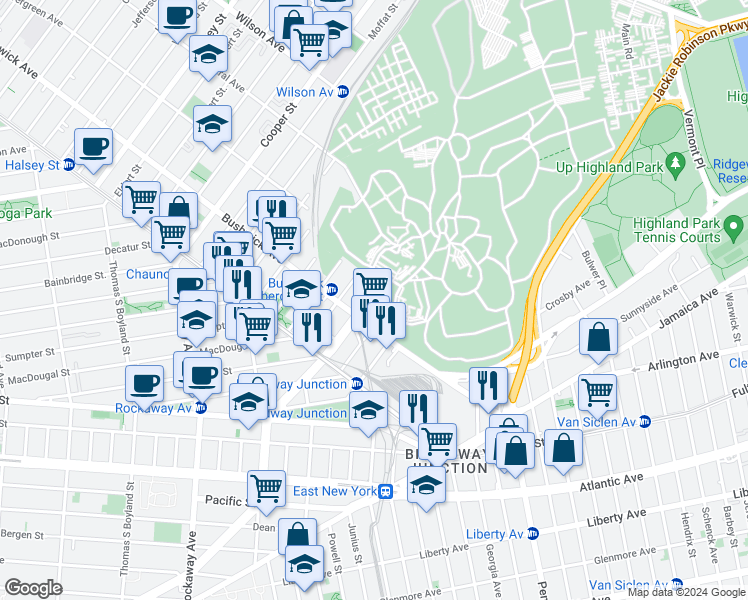 map of restaurants, bars, coffee shops, grocery stores, and more near 1597 Bushwick Avenue in Brooklyn
