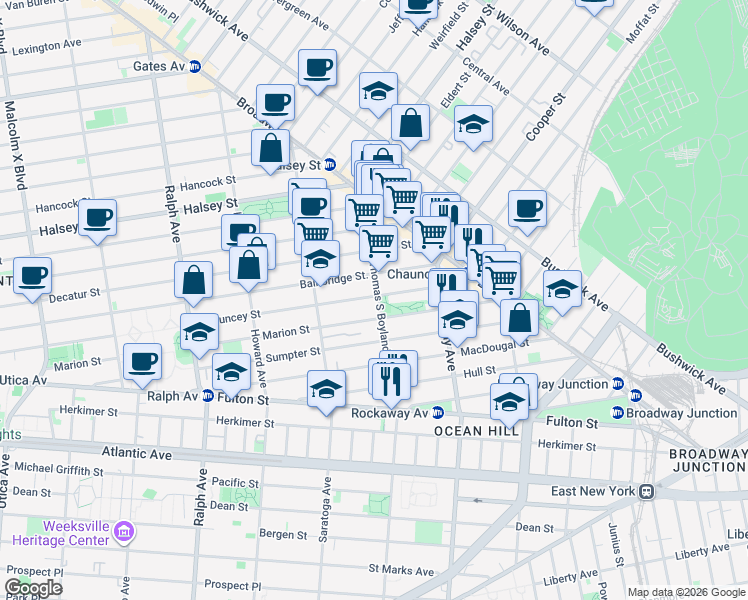 map of restaurants, bars, coffee shops, grocery stores, and more near 379 Marion Street in Brooklyn