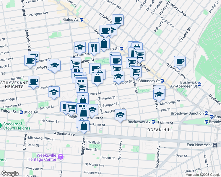 map of restaurants, bars, coffee shops, grocery stores, and more near 346A Chauncey Street in Brooklyn