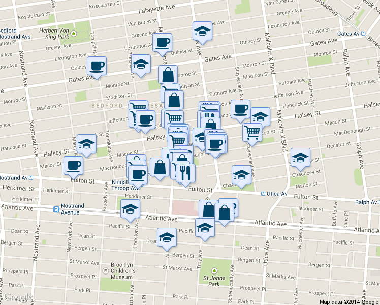map of restaurants, bars, coffee shops, grocery stores, and more near 240 MacDonough Street in Brooklyn