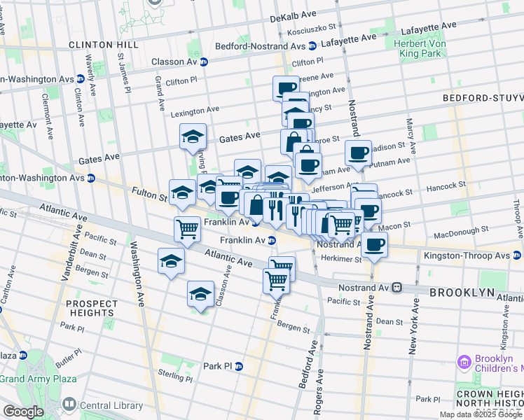 map of restaurants, bars, coffee shops, grocery stores, and more near 1138 Fulton Street in Brooklyn