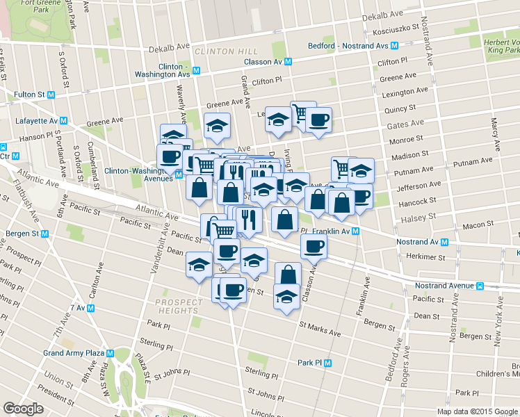 map of restaurants, bars, coffee shops, grocery stores, and more near 42 Lefferts Place in Brooklyn