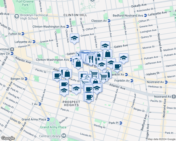 map of restaurants, bars, coffee shops, grocery stores, and more near 298 Saint James Place in Brooklyn