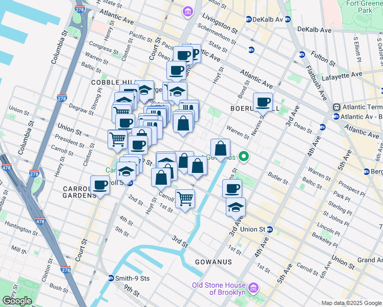map of restaurants, bars, coffee shops, grocery stores, and more near 438 Degraw Street in Brooklyn