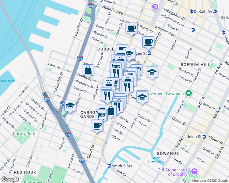 map of restaurants, bars, coffee shops, grocery stores, and more near 374 Court Street in Brooklyn