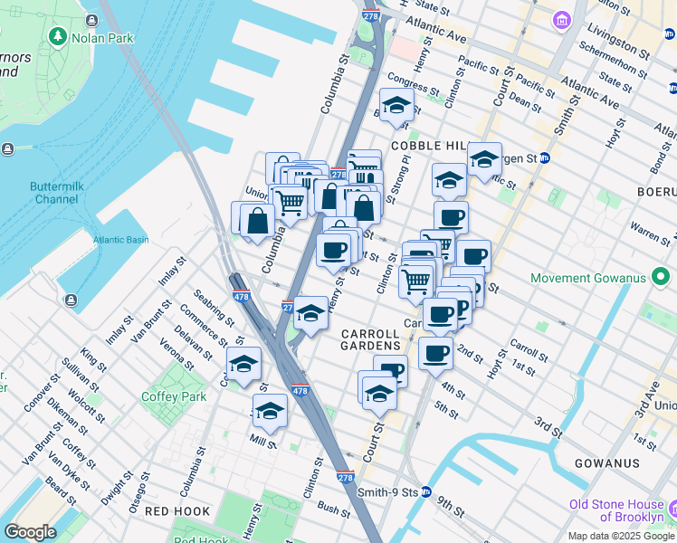 map of restaurants, bars, coffee shops, grocery stores, and more near 166 Summit Street in Brooklyn