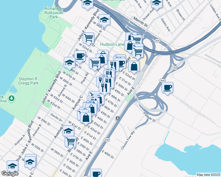 map of restaurants, bars, coffee shops, grocery stores, and more near 990 Broadway in Bayonne