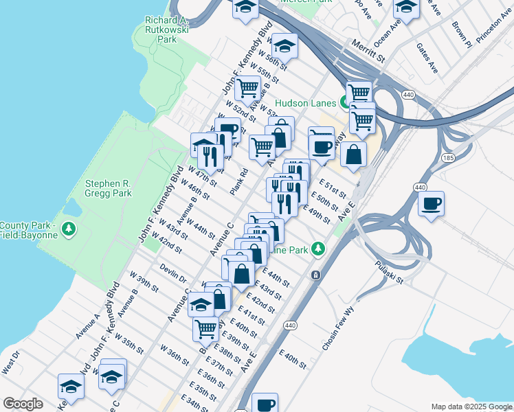 map of restaurants, bars, coffee shops, grocery stores, and more near 45 West 46th Street in Bayonne