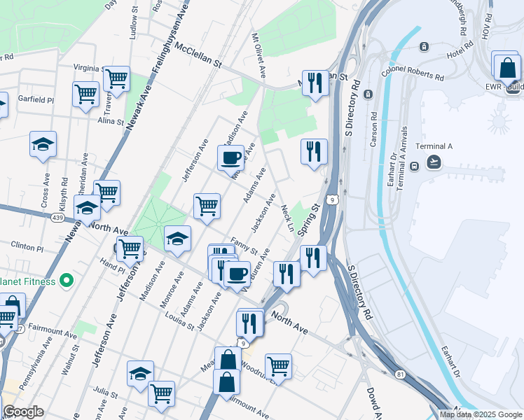 map of restaurants, bars, coffee shops, grocery stores, and more near 938 Jackson Avenue in Elizabeth