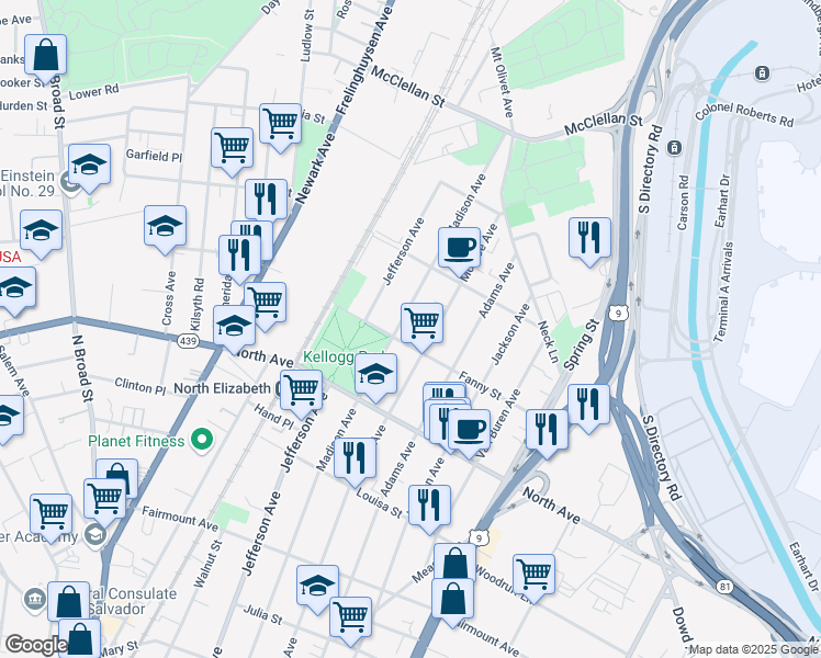 map of restaurants, bars, coffee shops, grocery stores, and more near 902 Monroe Avenue in Elizabeth