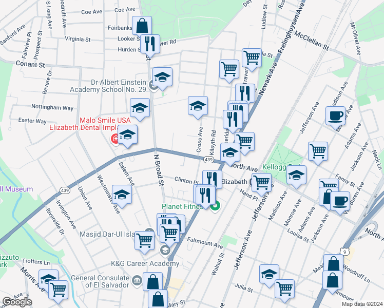 map of restaurants, bars, coffee shops, grocery stores, and more near 1338 North Avenue in Elizabeth