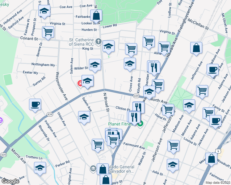 map of restaurants, bars, coffee shops, grocery stores, and more near 1380 North Avenue in Elizabeth