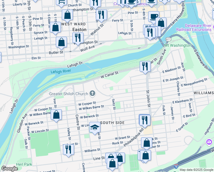 map of restaurants, bars, coffee shops, grocery stores, and more near 424 West Saint Joseph Street in Easton