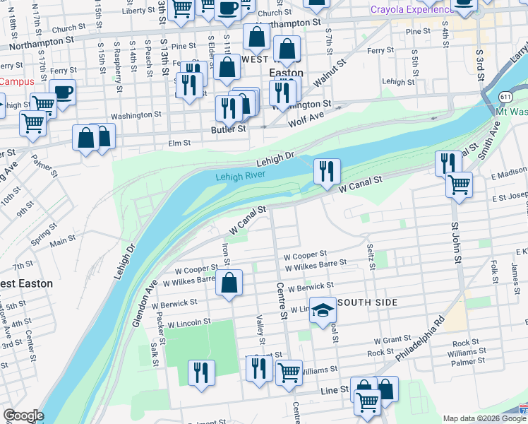 map of restaurants, bars, coffee shops, grocery stores, and more near 707 Mauch Chunk Street in Easton