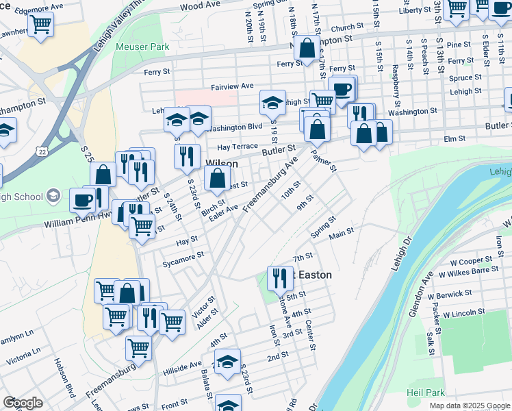 map of restaurants, bars, coffee shops, grocery stores, and more near 1014 Center Street in Easton