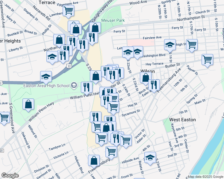 map of restaurants, bars, coffee shops, grocery stores, and more near 2440 Butler Street in Easton