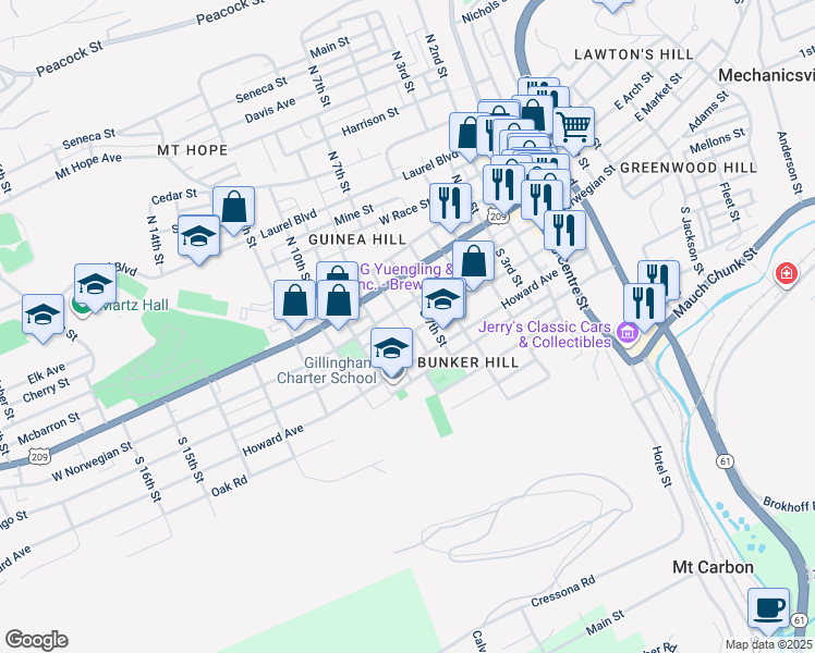 map of restaurants, bars, coffee shops, grocery stores, and more near 801 Mahantongo Street in Pottsville