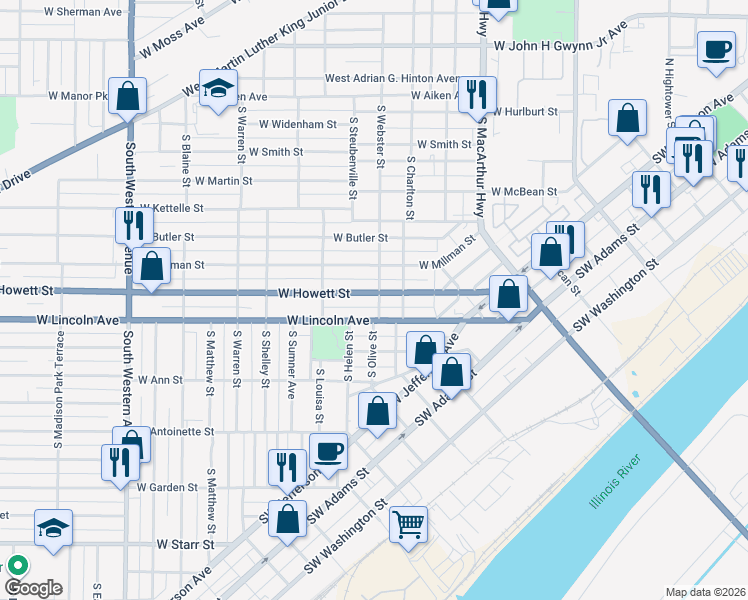 map of restaurants, bars, coffee shops, grocery stores, and more near 1215 West Lincoln Avenue in Peoria