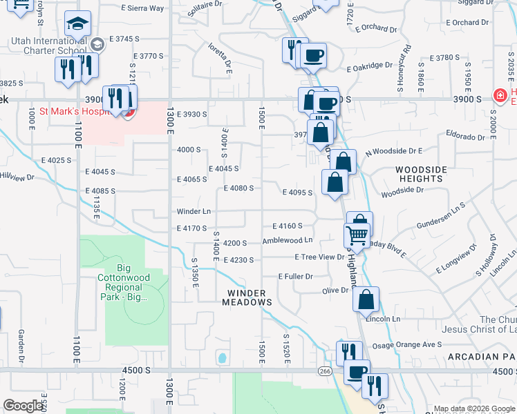 map of restaurants, bars, coffee shops, grocery stores, and more near 1497 Winder Lane in Millcreek