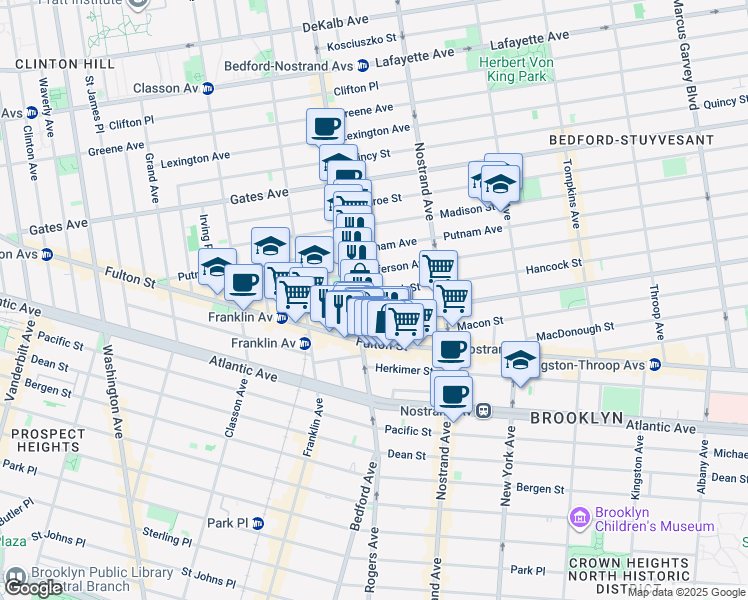 map of restaurants, bars, coffee shops, grocery stores, and more near 68 Hancock Street in Brooklyn