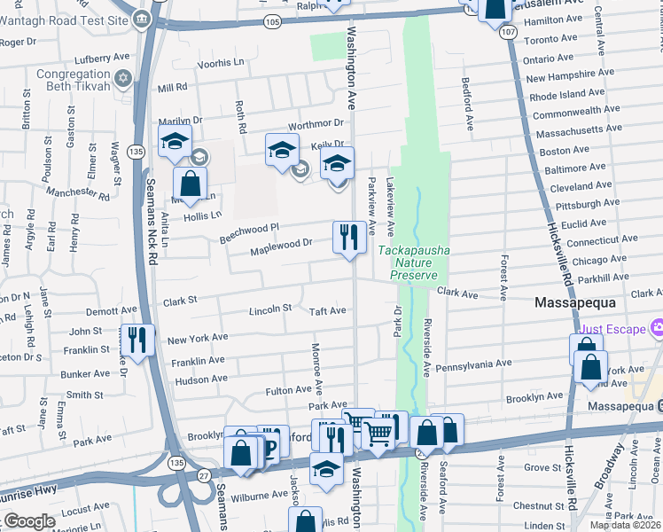 map of restaurants, bars, coffee shops, grocery stores, and more near 3965 Clark Street in Seaford