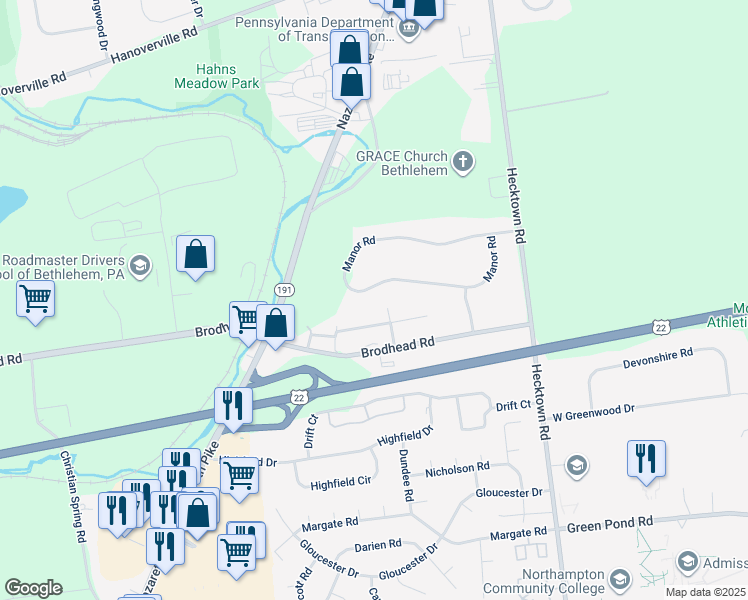 map of restaurants, bars, coffee shops, grocery stores, and more near 3560 Manor Road in Bethlehem