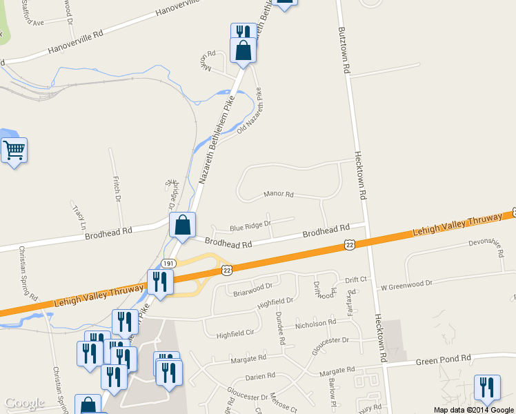 map of restaurants, bars, coffee shops, grocery stores, and more near 3560 Manor Road in Bethlehem