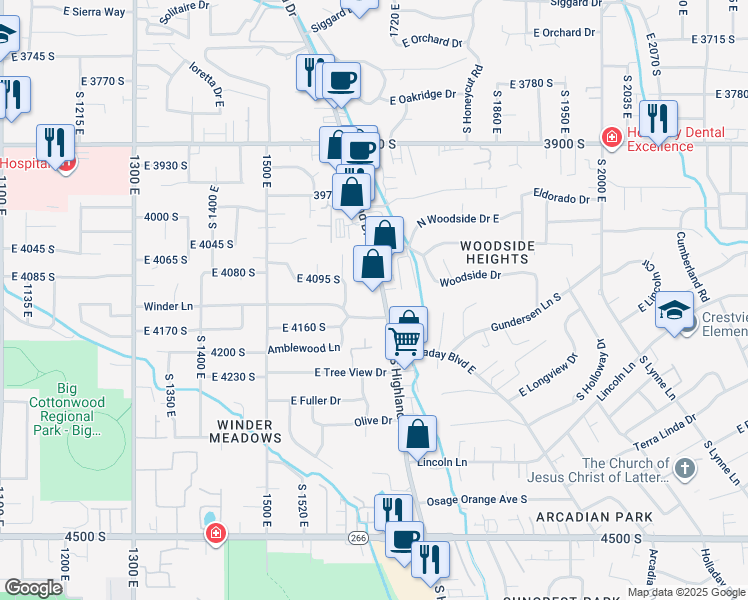 map of restaurants, bars, coffee shops, grocery stores, and more near 4120 South Highland Drive in Millcreek