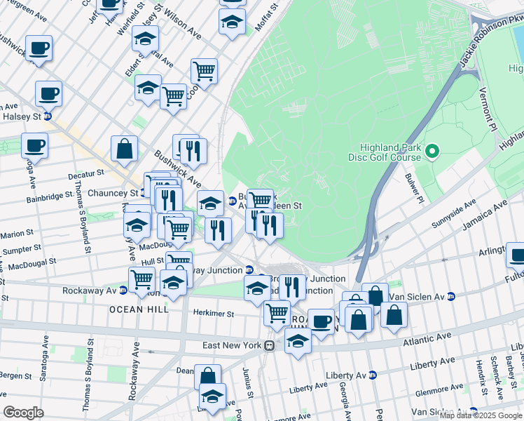 map of restaurants, bars, coffee shops, grocery stores, and more near 1597 Bushwick Avenue in Brooklyn
