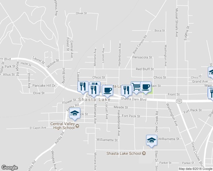 map of restaurants, bars, coffee shops, grocery stores, and more near 1498 Locust Avenue in Shasta Lake