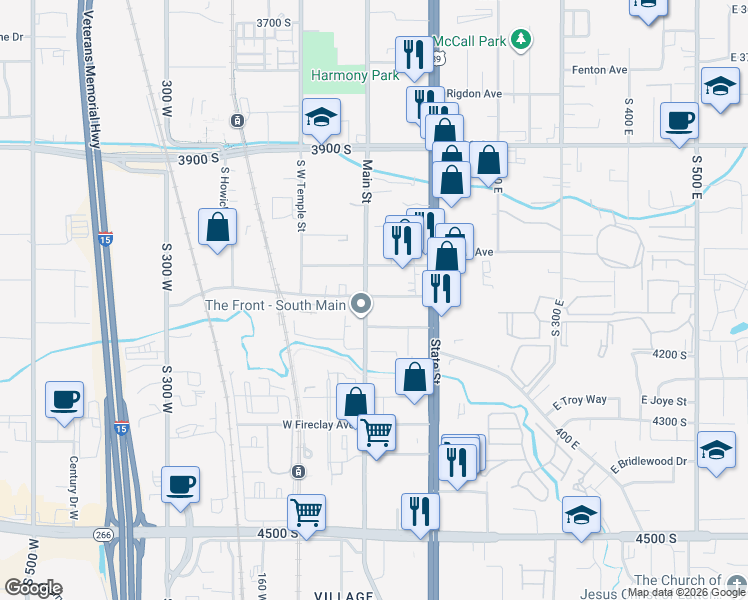 map of restaurants, bars, coffee shops, grocery stores, and more near 4141 South Main Street in Millcreek