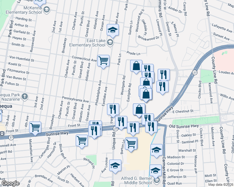 map of restaurants, bars, coffee shops, grocery stores, and more near 21 Westgate Road in Massapequa Park