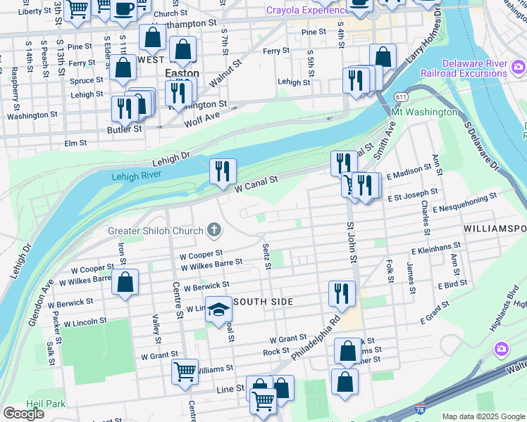map of restaurants, bars, coffee shops, grocery stores, and more near 399 West Saint Joseph Street in Easton
