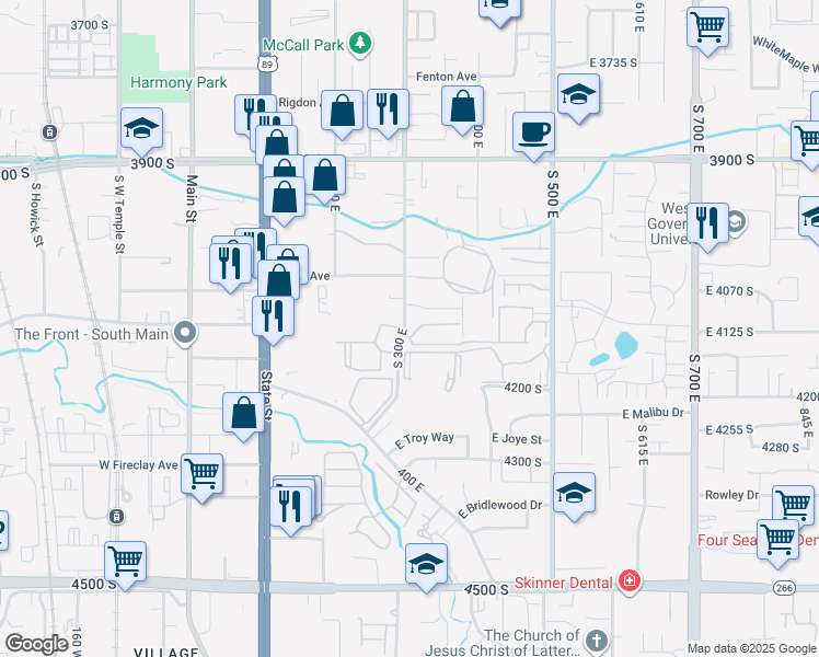 map of restaurants, bars, coffee shops, grocery stores, and more near 4109 South 300 East in Millcreek