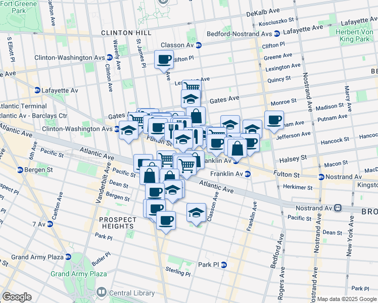 map of restaurants, bars, coffee shops, grocery stores, and more near 1000 Fulton Street in Brooklyn